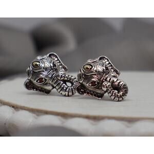 JAI Sterling Silver & 14k Yellow Gold Elephant Garnet Eyes Earrings6.4G/0.6in
